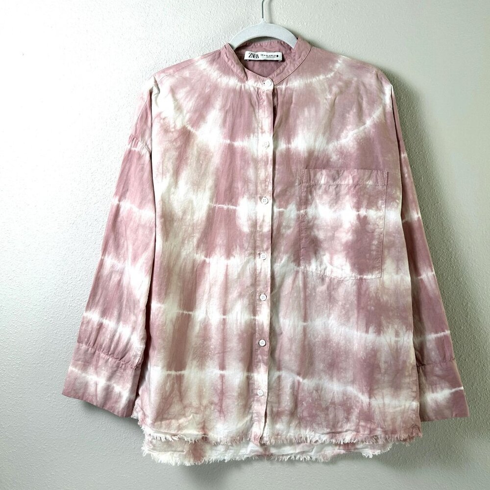 Zara Tie Dye Shirt Size M Pink White Oversized Button Up Pocket Frayed Hem Top